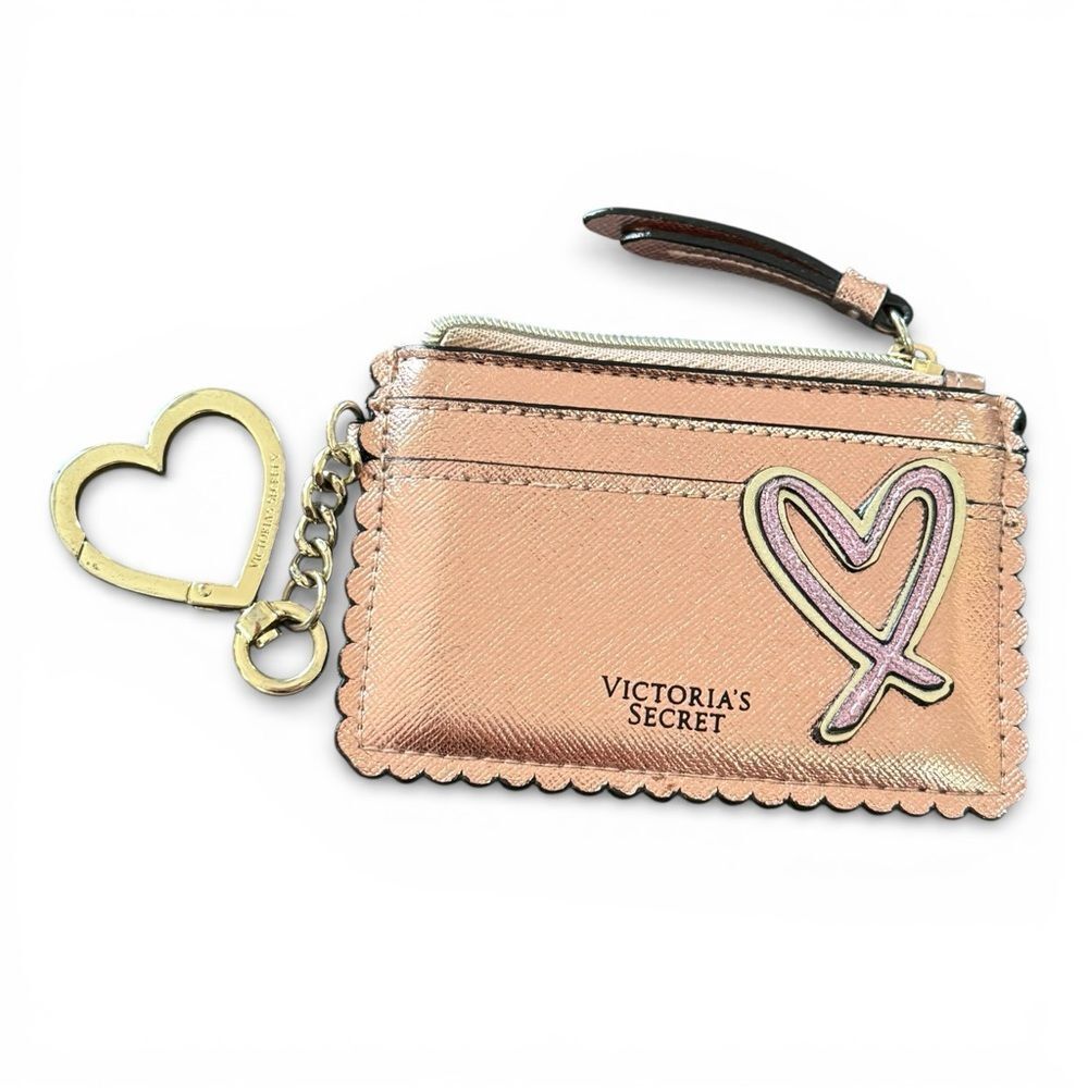 Victoria's Secret Metallic Rose Gold Wallet Card Holder Case With Heart Keychain - Picture 1 of 7